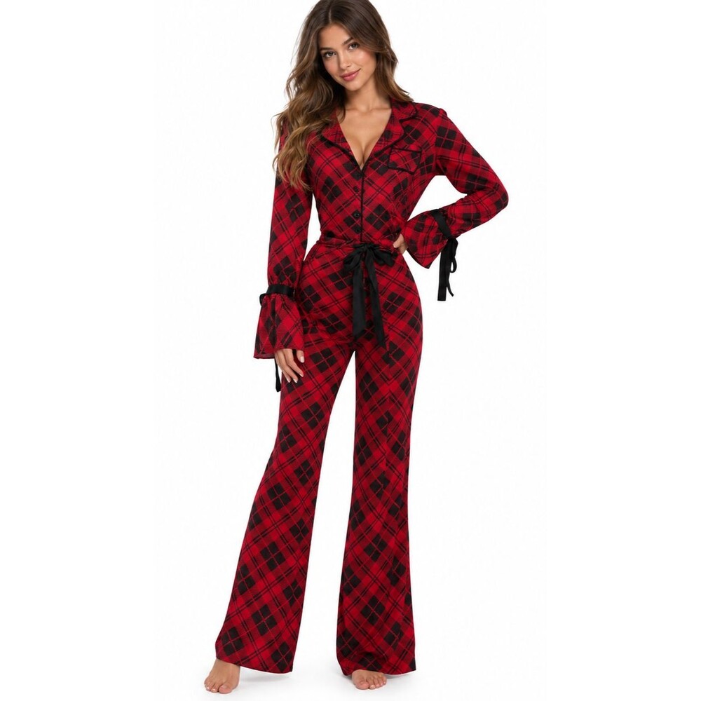 BEACH RIOT Lee Anne Brooke Woven Satin Pajama Set Merry Plaid 2pc NWT Women's M